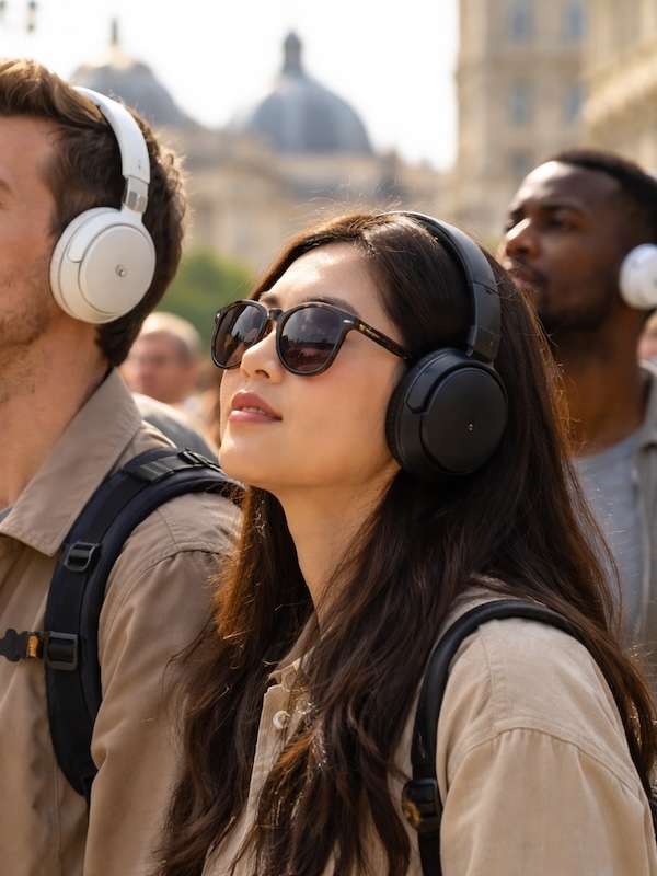 Tourists listening with AirPods and Sony XM5 headphones